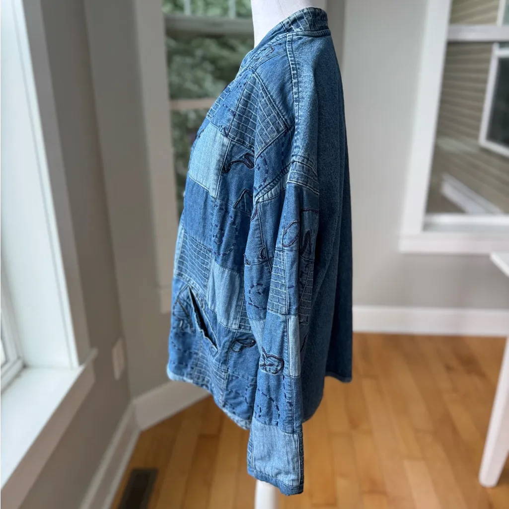 Vintage 90s Cherokee Denim Patchwork Chambray Lined Cotton Jacket Size Large Blue - Image 3
