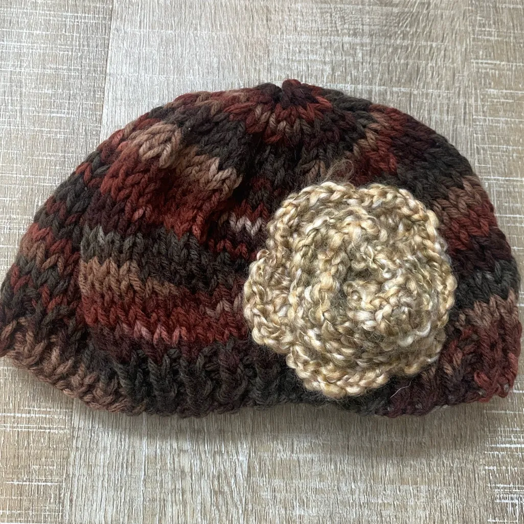 Hand Knit Crochet Beanie Hat Winter Handmade Flower Pin Boho Cottage Artsy - Image 2