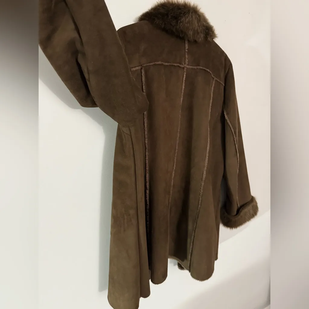 VTG DENNIS BASSO Brown Faux Fur Trimmed Coat Sherpa Warm Boho Eskimo Size XL - Image 13