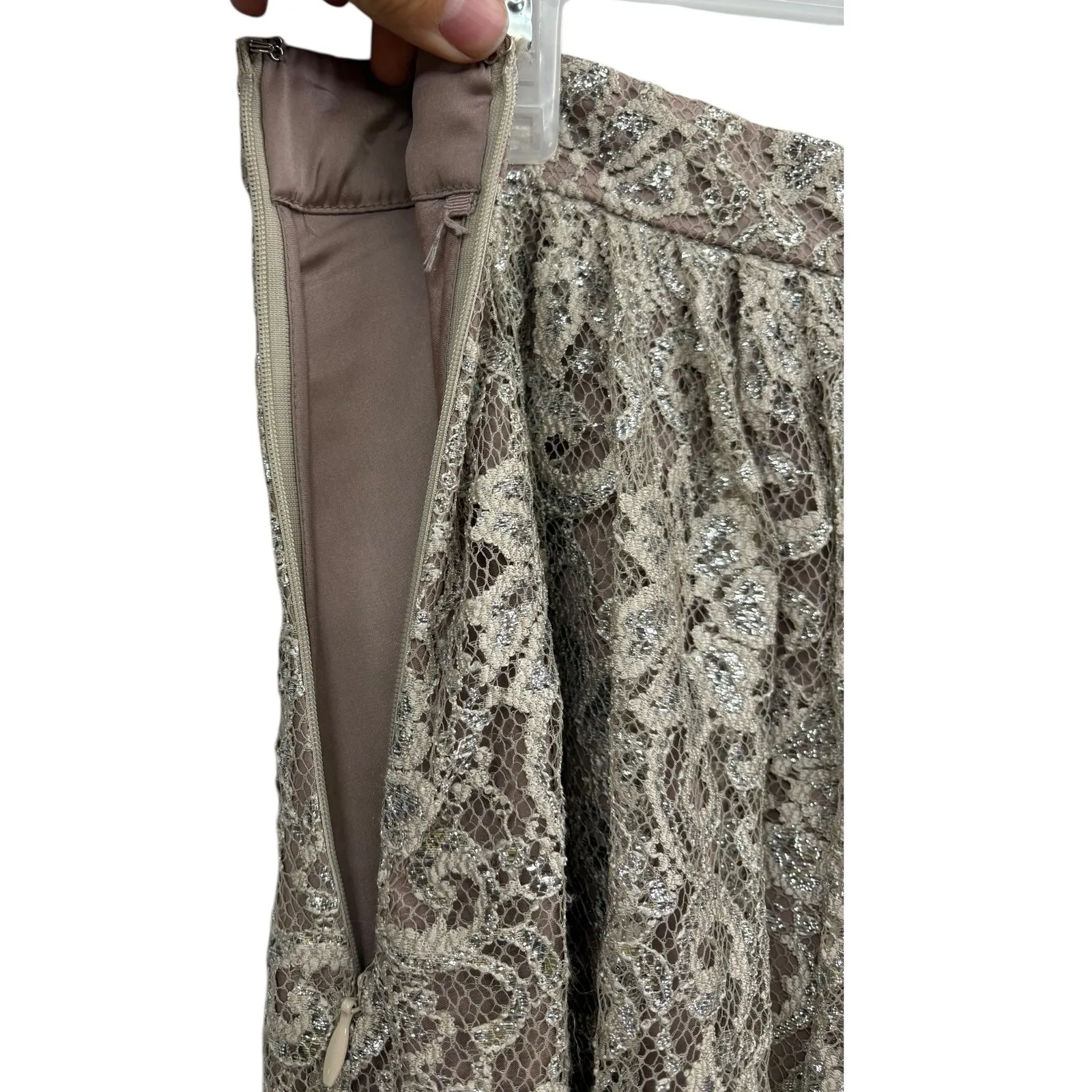 HD in Paris Anthropologie Women's Lace Overlay Full‎ Skirt Metallic Beige 12 - Image 5
