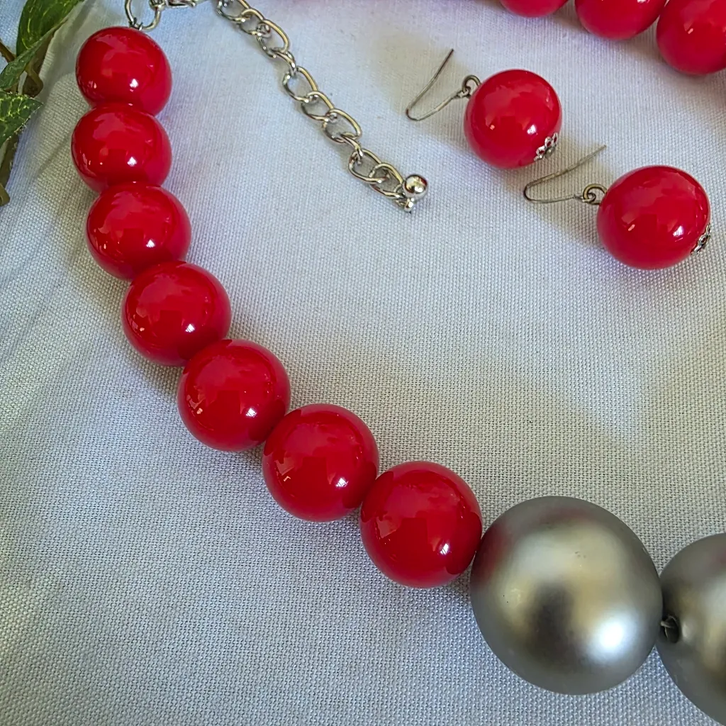 Chunky Red and Silver Bead Necklace With Statement Pendant and Earrings Set - Image 3