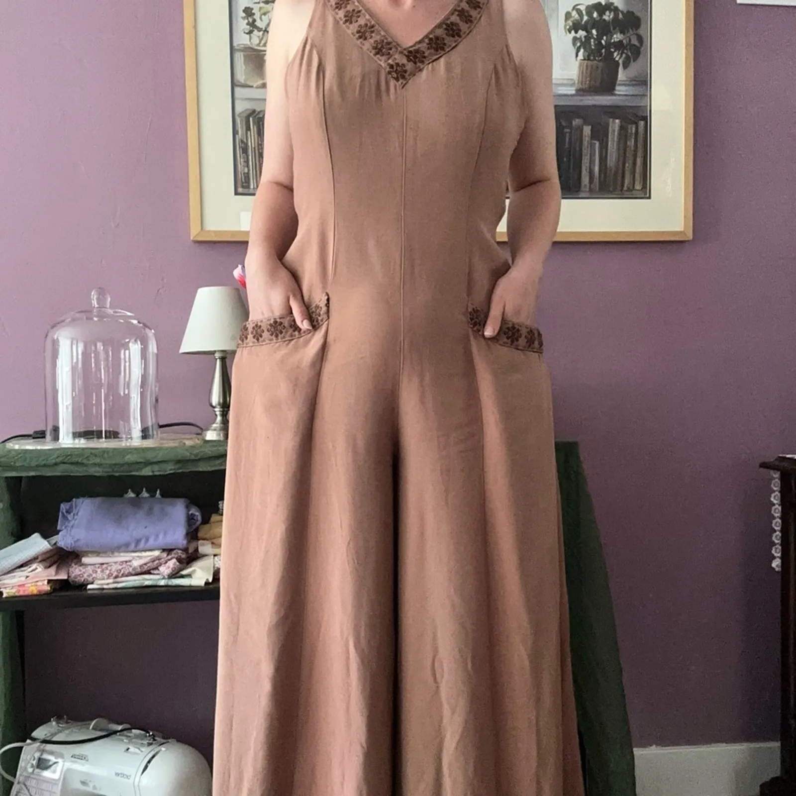 Vintage Wild Rose Warm Brown Wide-Leg Rayon Jumpsuit Boho Chic Coastal Cowgirl - Image 2