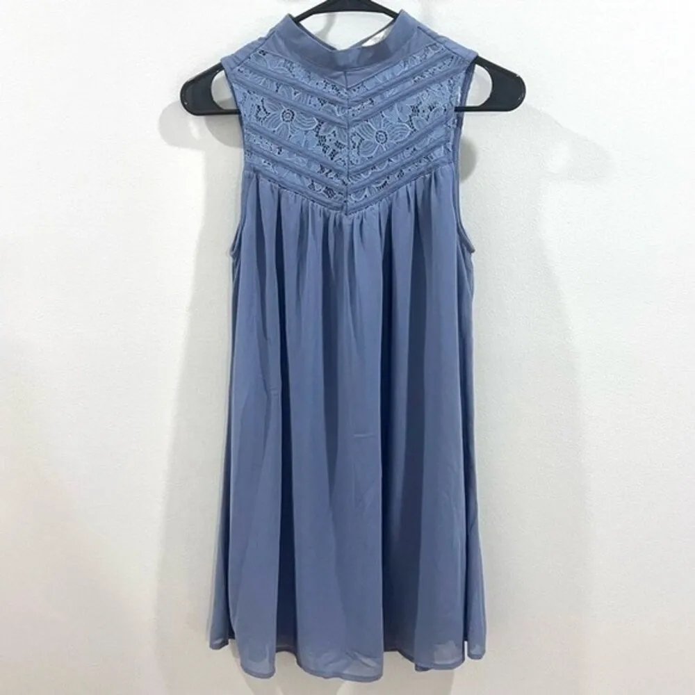 Lace yoke mock neck steel blue chiffon dress size XS - Image 4