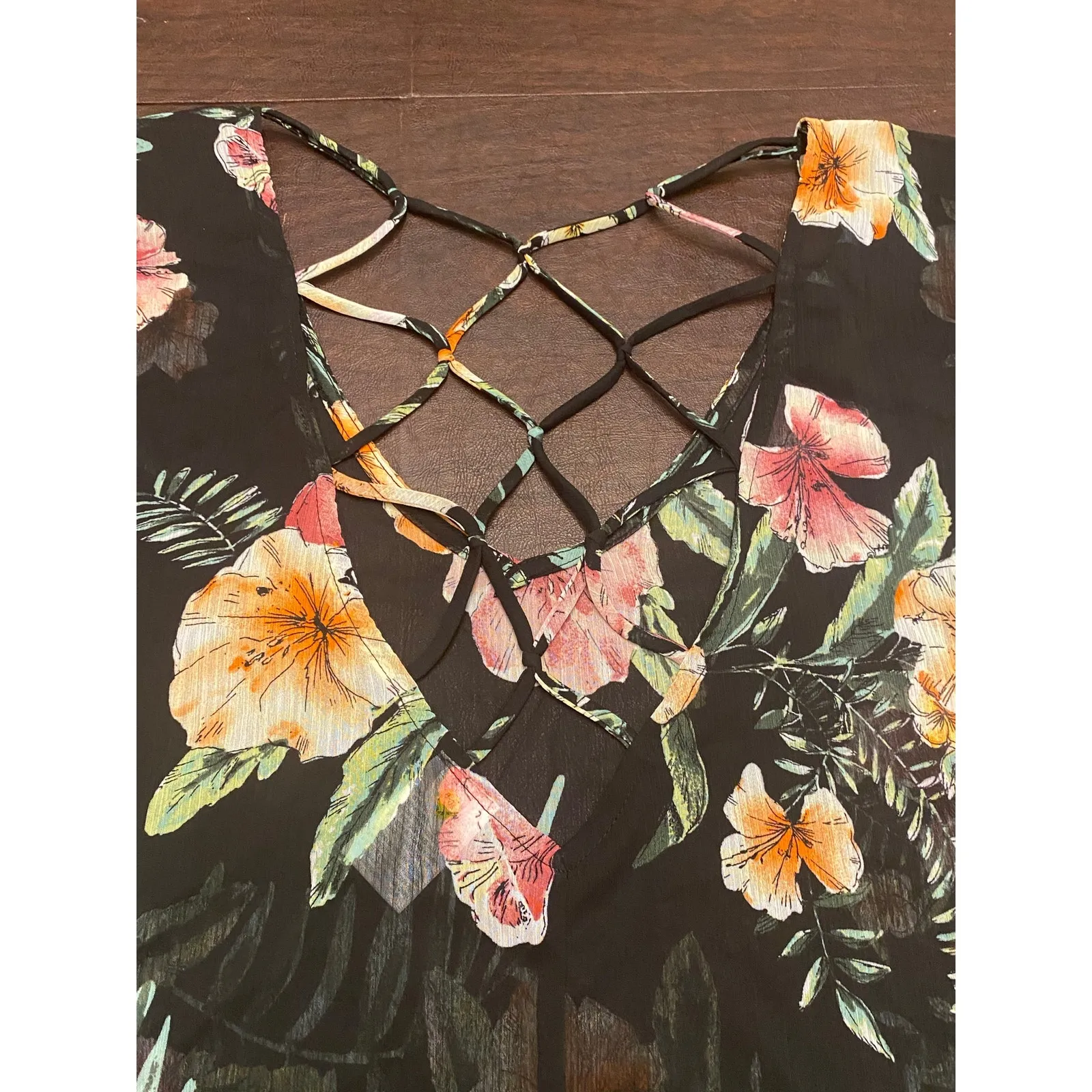 Kona Sol‎ Tropical Floral Black Swim Cover-Up Tassle Webbed Back XL Beach Resort - Image 8