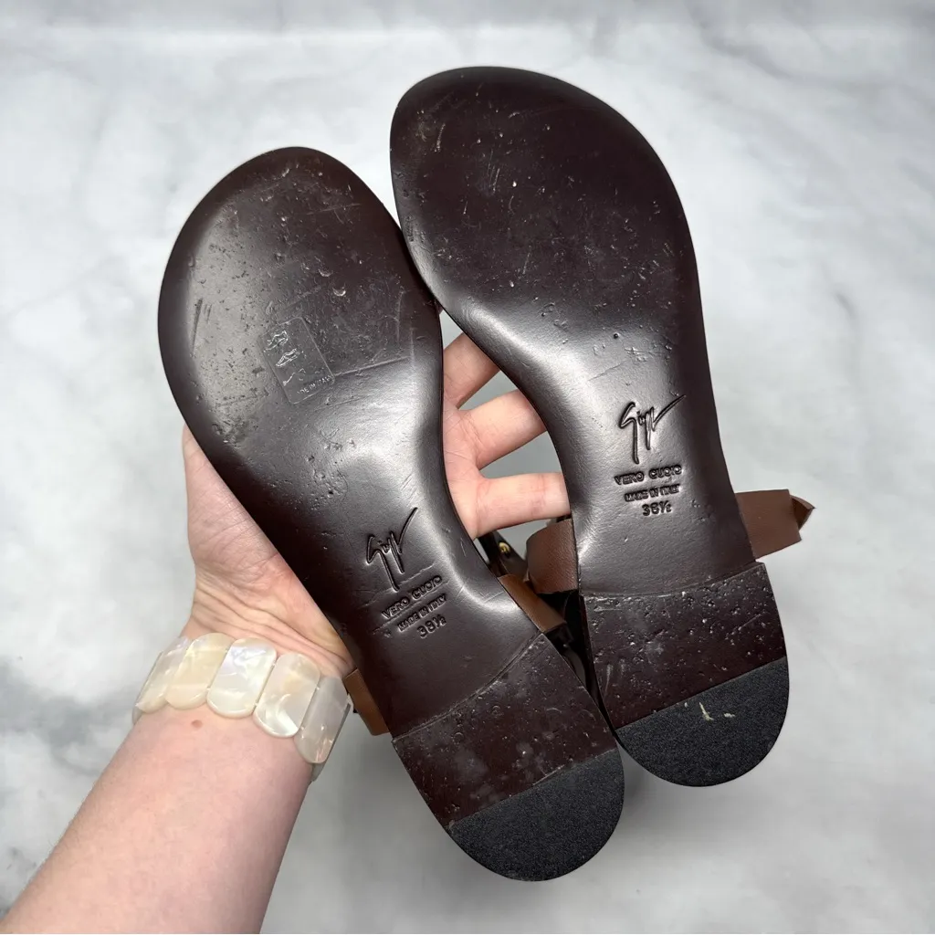 Giuseppe Zanotti Leather Harness Wrap Around Ankle Strap Flat Sandals Brown 38.5 - Image 8