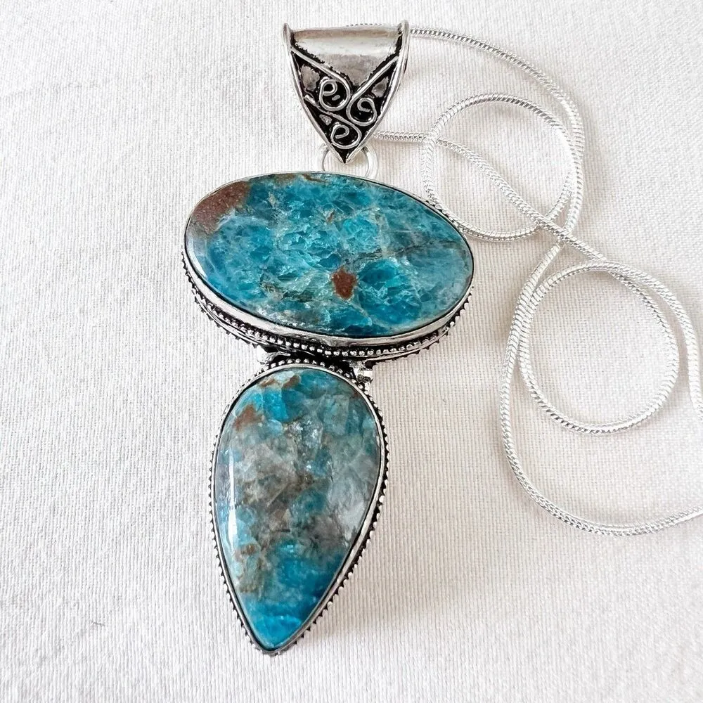 Apatite 925 Sterling Silver Heart Necklace Gemstone Handmade Womens Jewelry Blue - Image 3