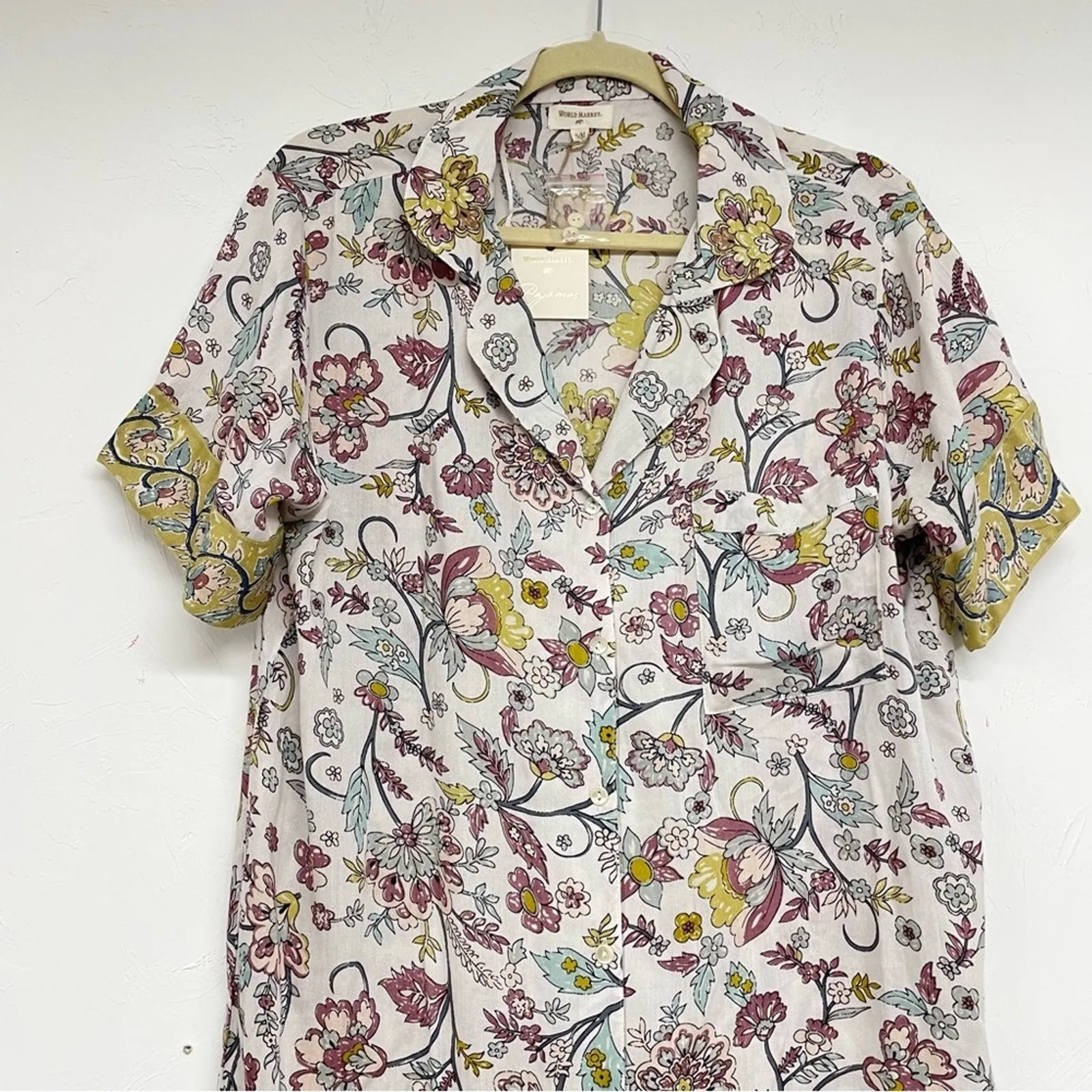 World Market Pajamas Floral Short Sleeve Button Down Shirt Dress Sleepwear M White Size M - Image 2