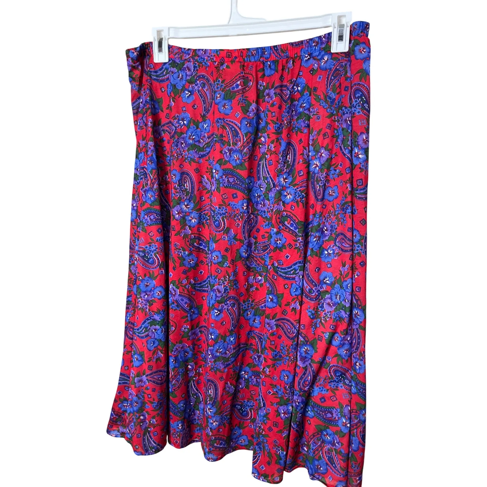 Vintage Red Floral Paisley Print Maxi Skirt Elastic Waist Women's Size 18 - Image 6