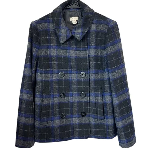 J.Crew Plaid‎ Wool Blend Double Breasted Pea Coat Jacket Blue Gray Size 6 - Image 3