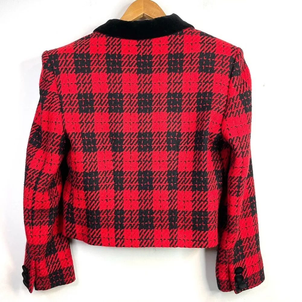 Vintage 90s Red Plaid Wool Blend Velvet Short Blazer Jacket preppy womens 10 - Image 8