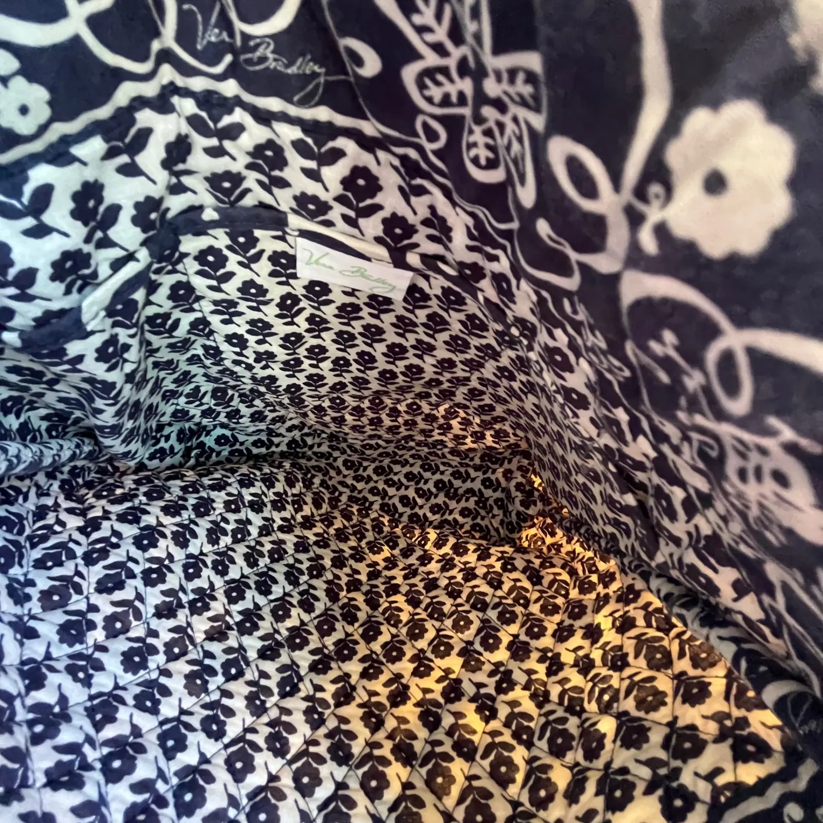 Vera Bradley Tote Bag Navy Blue Quilted Floral Birds Shoulder Bag Purse - Image 3