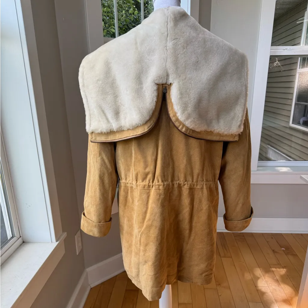 Vintage Wilson’s Tan Suede Leather Anorak Drawstring Jacket Faux Fur Hood Large - Image 3