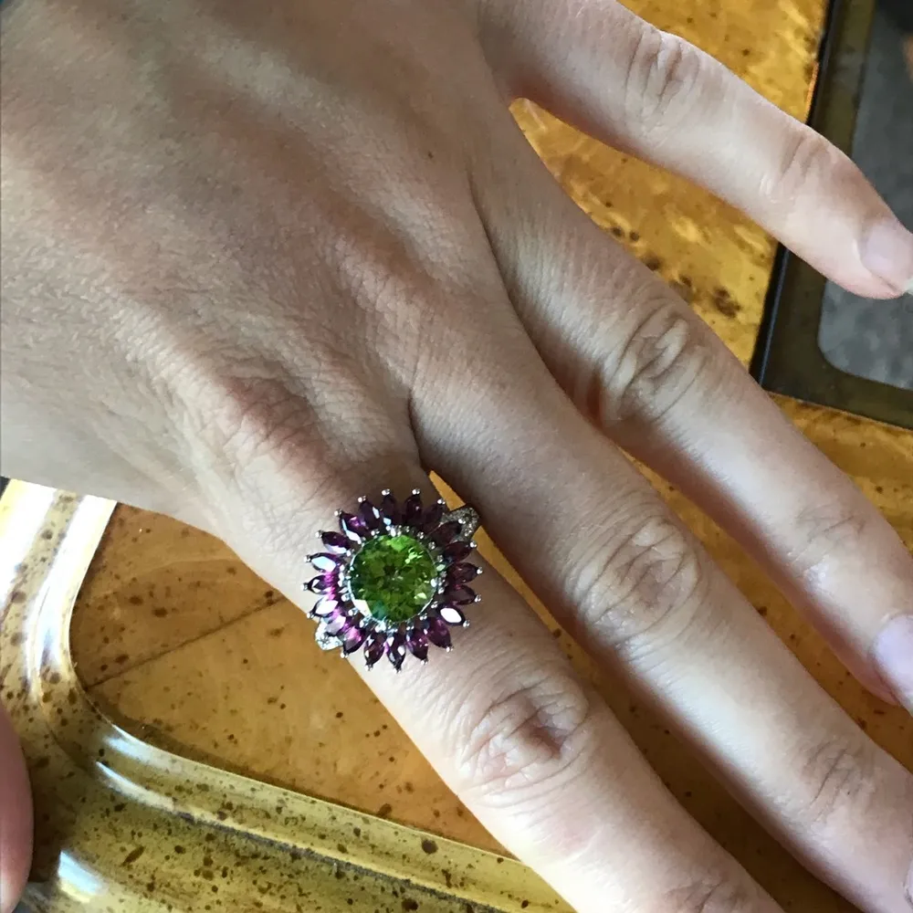 Natural Peridot Garnet Sterling Silver Cocktail Ring Green - Image 3
