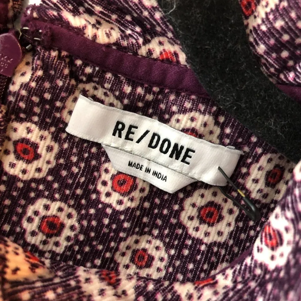 Re/Done Womens Mini Dress Corduroy Long Sleeve High Neck Floral Purple S - Image 3