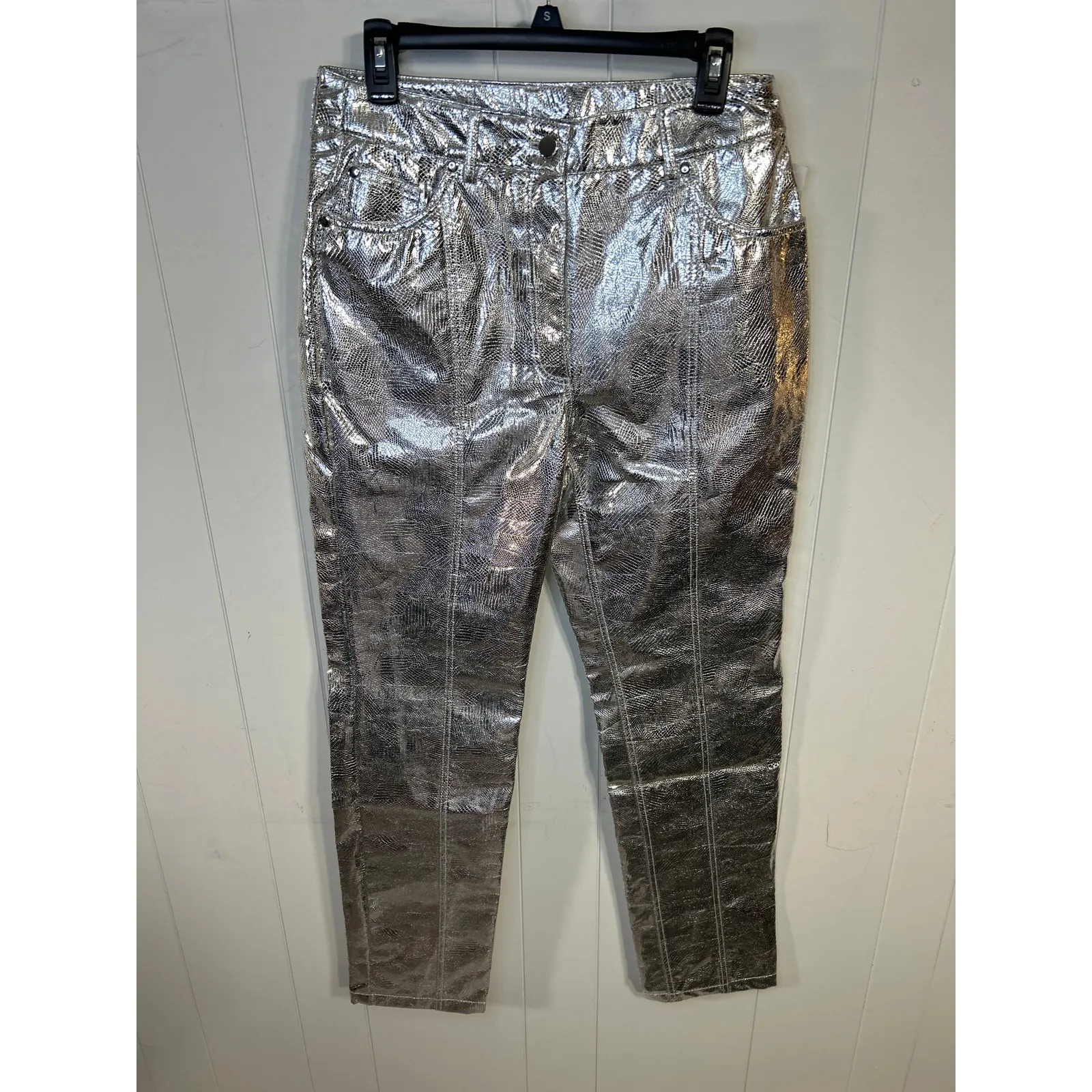 River Island Metallic Snakeskin Embossed Faux Leather Pants in Silver Size 8 - Image 2