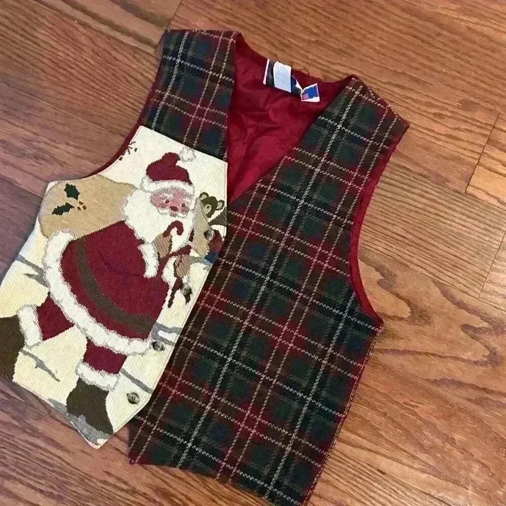 Vintage Christmas Tapestry Tartan Plaid Santa Vest Made In USA Size Medium 80s Red - Image 4