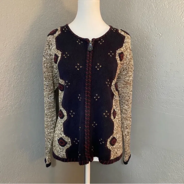 Christopher & Banks navy flecked knit zip up cardigan sweater cottage grandma M - Image 5