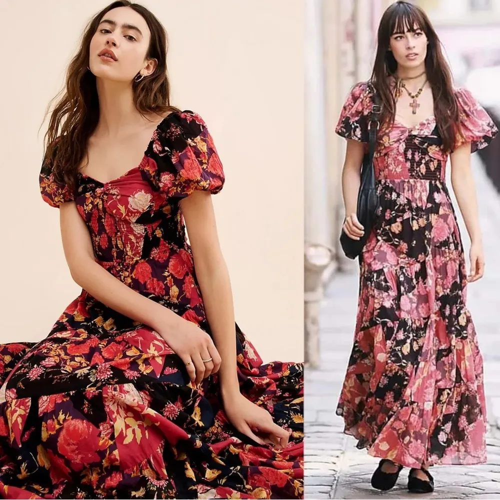 Free People Bohemian Sundrenched Short Sleeve Maxi Dress Red Floral NWT Ruffle - Image 3