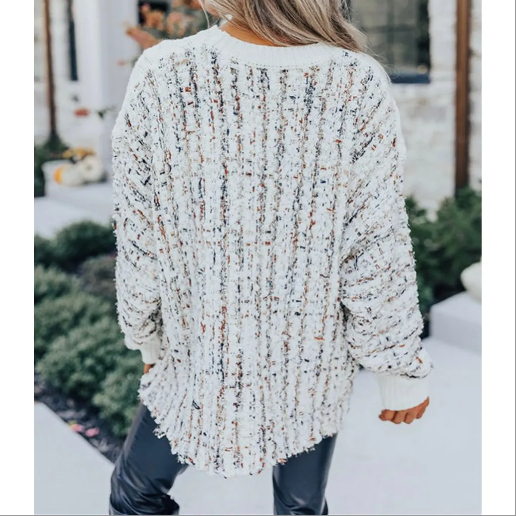 andthewhy Cable Knit Plaid Tweed Knit Back Crew Neck Slouchy Sweater White - Image 6