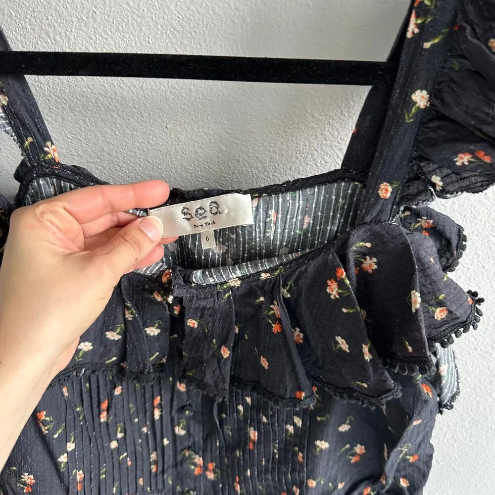 SEA NY Black Ruffle Sleeves Button Front Top Size 6 - Image 3