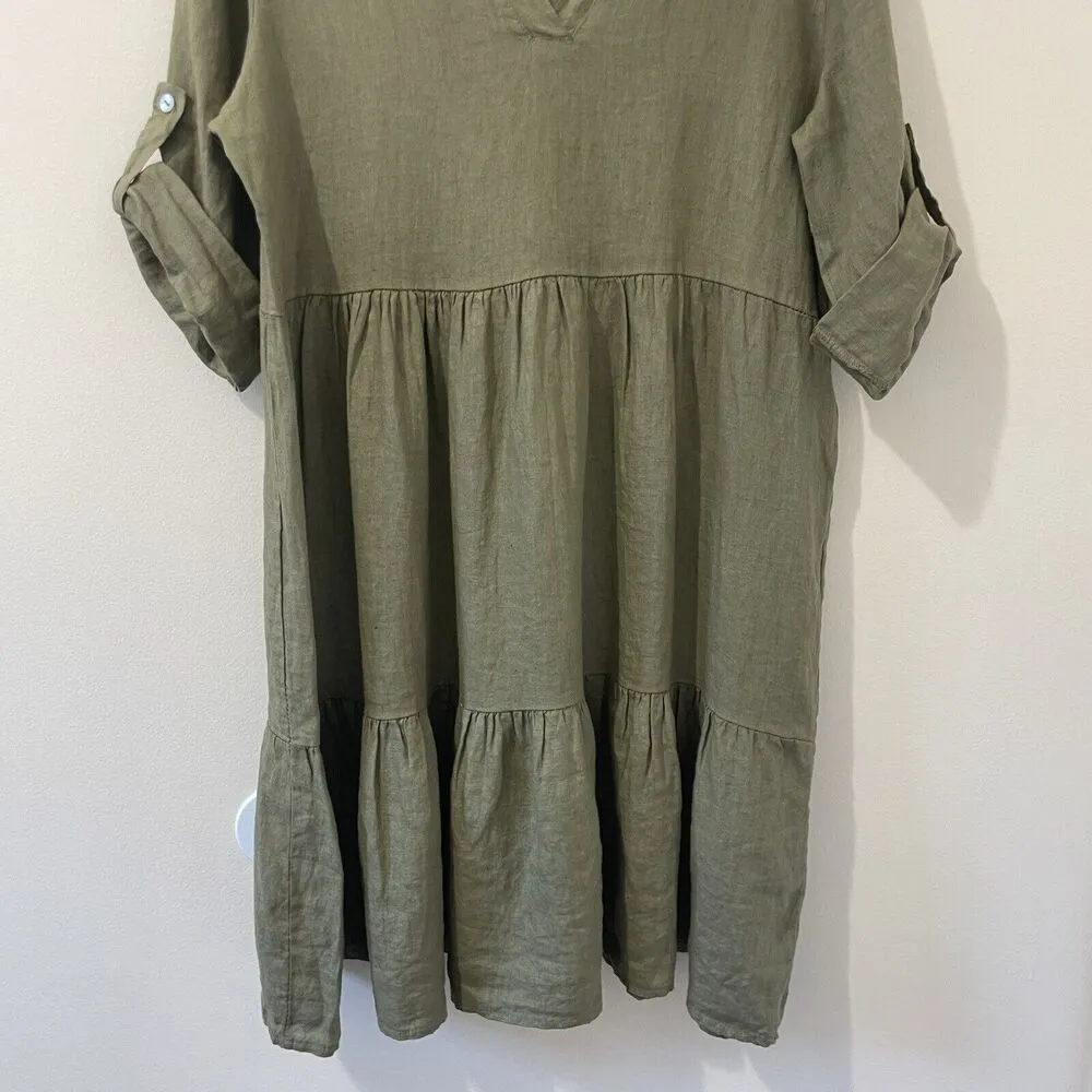 Bellambra Green 100% Linen Tiered Casual Summer Dress Size S Italian Designer - Image 2