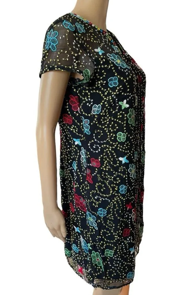 Vintage 90s Black Hand Embroidered Mirror Sequin Hippie Boho Whimsygoth Dress Size L - Image 6