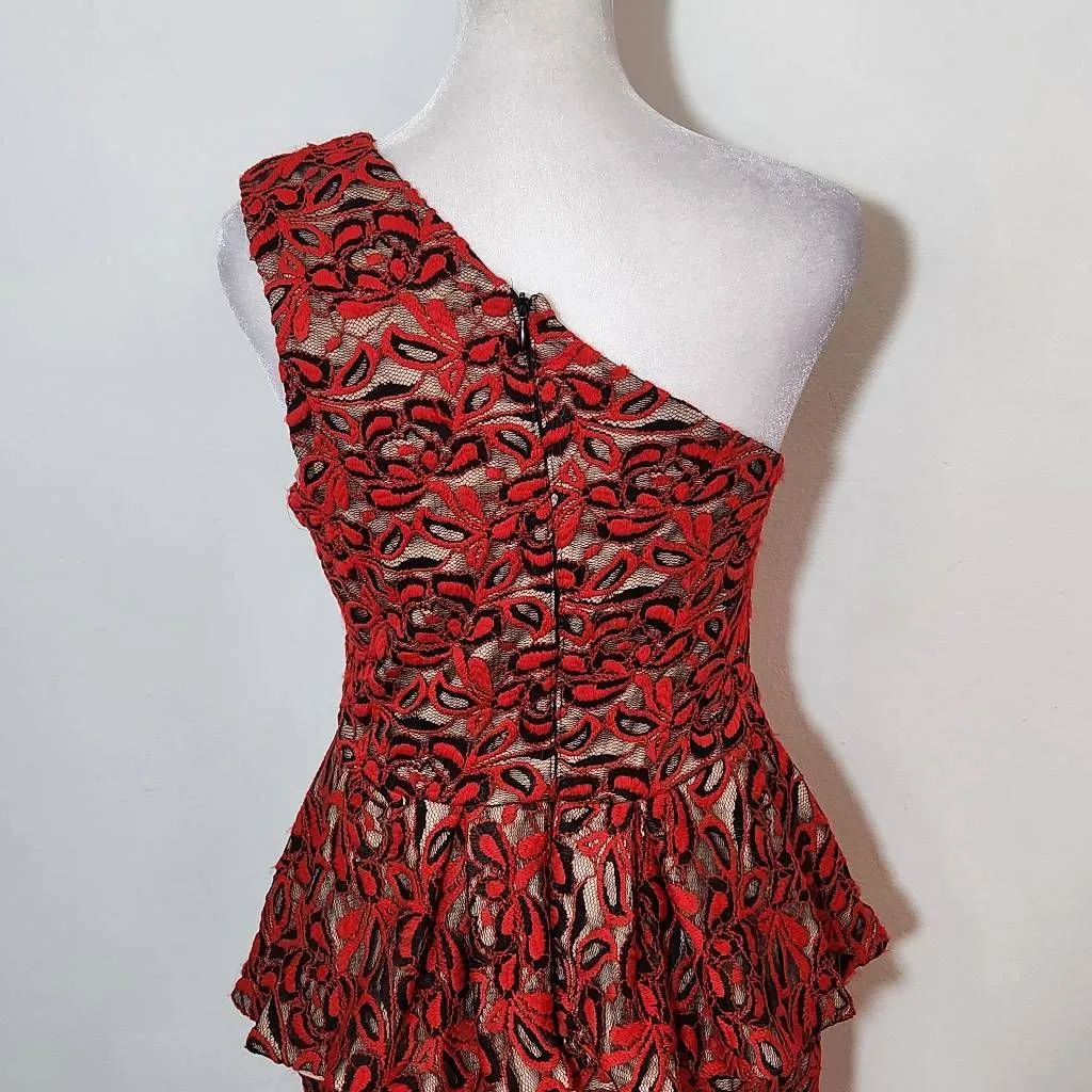 Madam X Red Lace One Shoulder Dress with Peplum NWT Size 8 Lace Cocktail Dress - Image 7