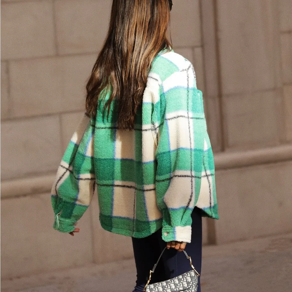 Bandier x Sincerely Jules Aspen Sherpa Jacket in Camp Green Plaid - Image 6