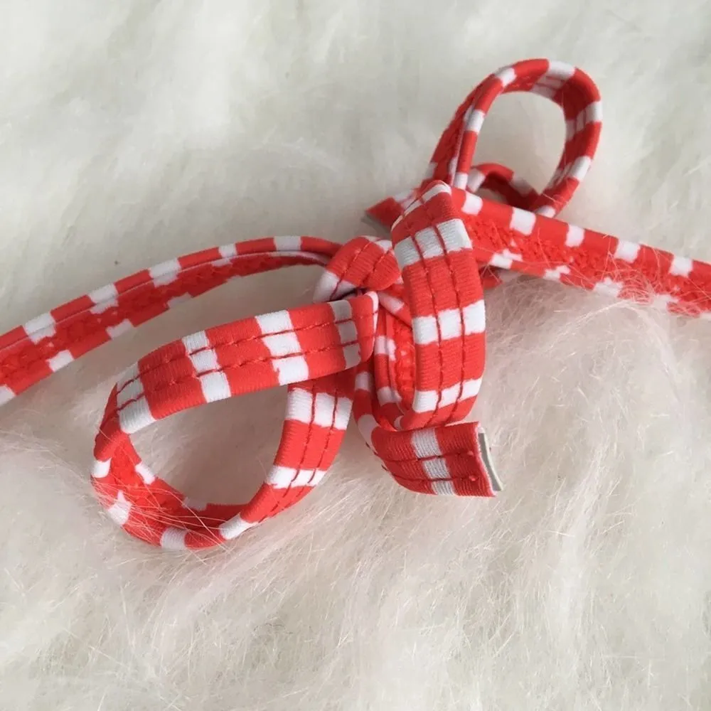 Nicole Miller Bandeau Halter Tie Neck Bikini Top Size 10 Striped Floral Red Blue - Image 5