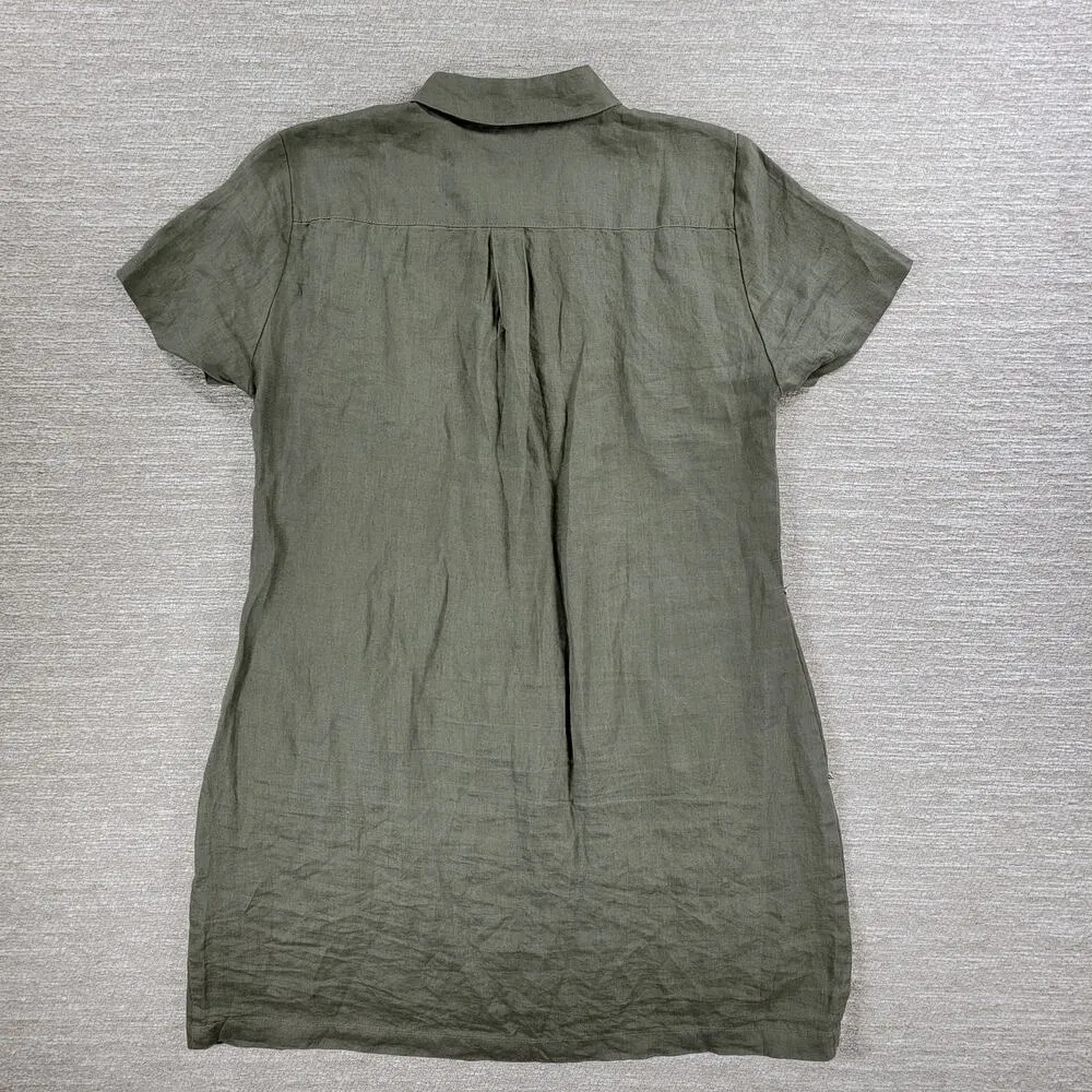 French Curve Linen Dress Womens Medium Olive Green Fringe Trim Pockets Casual - Image 11