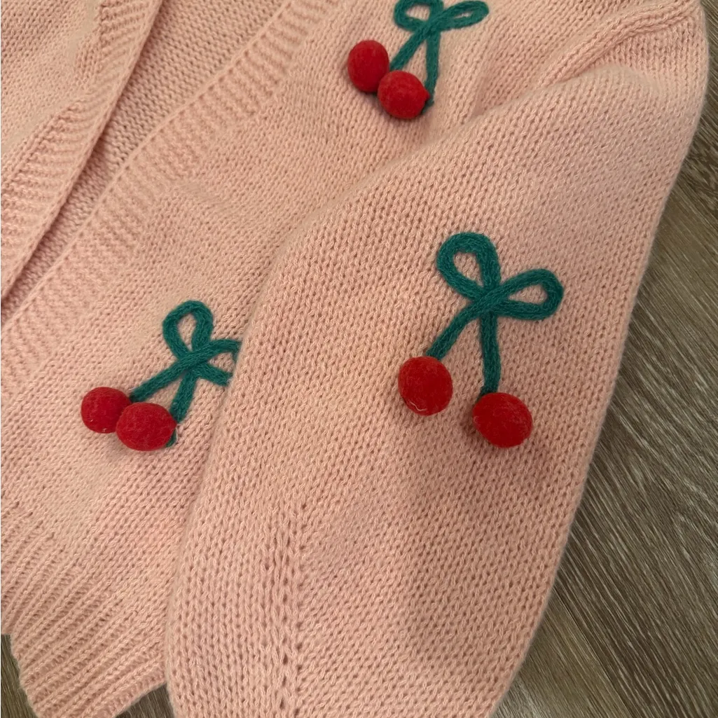 Luna Ivy Pink 3D Cherry Knit Open Chunky Soft Cardigan Sweater Pink size XS NEW - Image 5