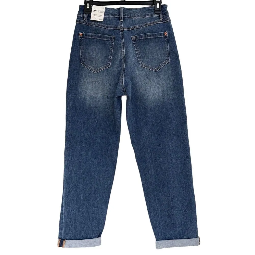 INC SZ 2/26 Boyfriend Cuffed Jeans Mid-Rise Stretch Distressed Patches Blue New - Image 4