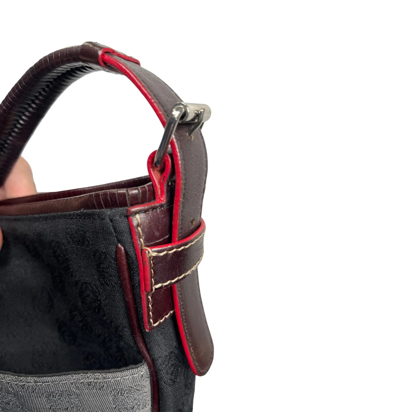 Loewe Jacquard Logo Shoulder Bag Black Gray Leather Trim Red Edge - Image 6