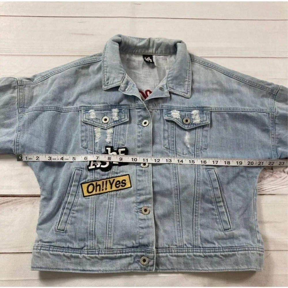 JasonWood Patchwork Embroidered Distressed Jean Jacket Size Medium Blue - Image 7
