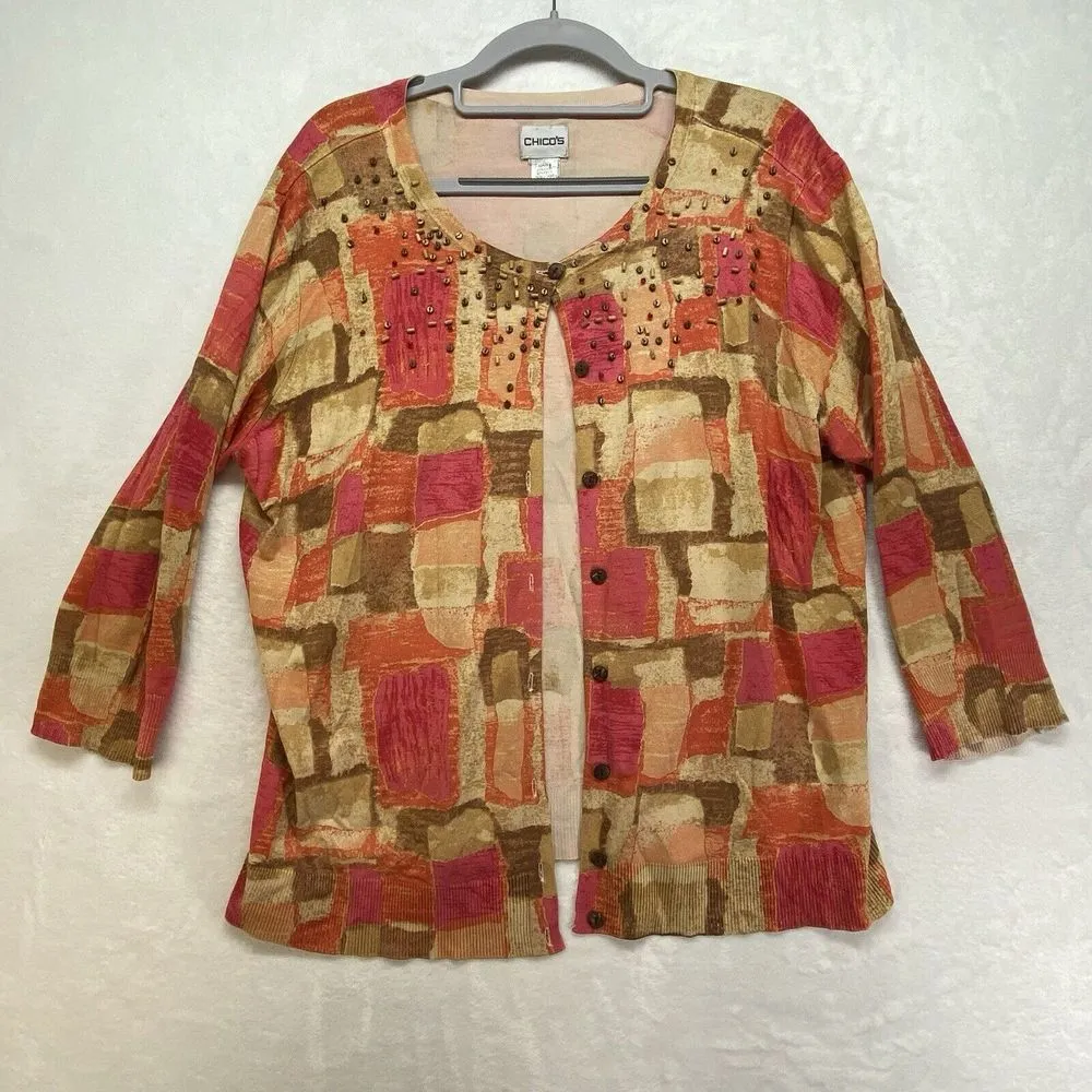 Chicos 2-Piece tank/cardigan L/XL Silk Blend‎ orange/pink abstract wood bead - Image 2