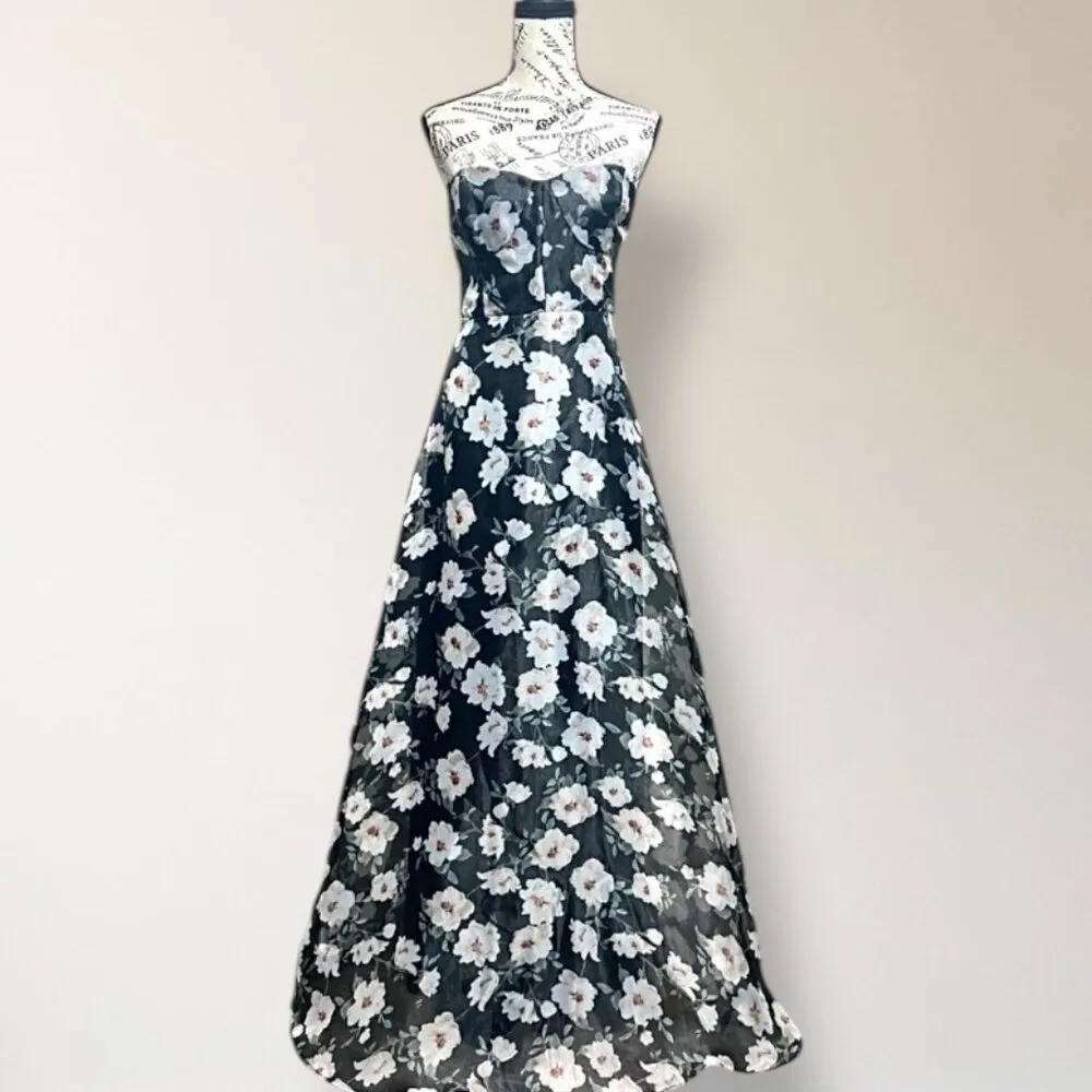 Lulus S Black White Floral Strapless Maxi Dress Bustier Organza Wedding Guest - Image 3