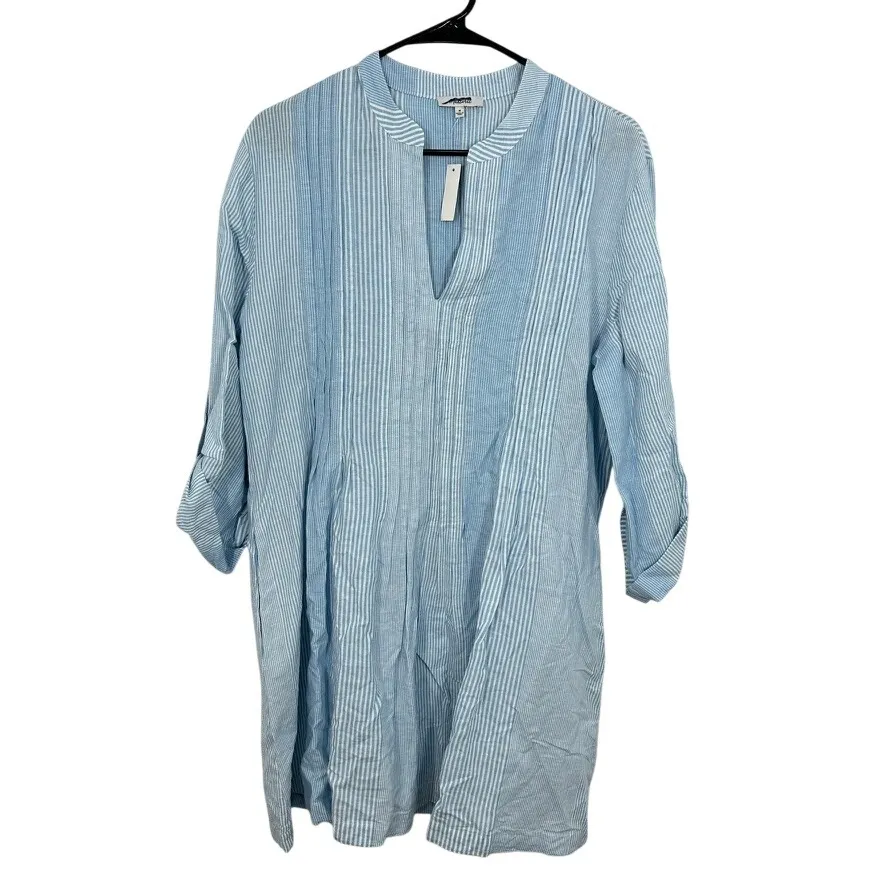 Madewell Striped V Neck Pleated Tunic Shirt Dress Linen Cotton Blend Size Medium - Image 2