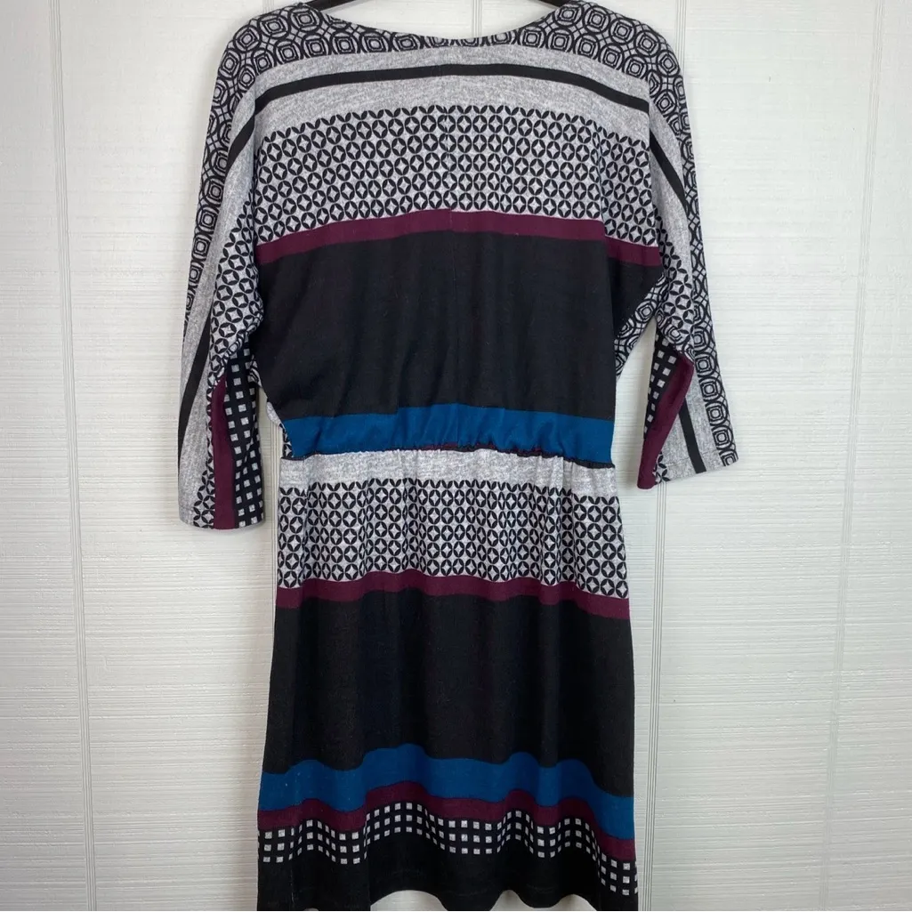 Olivia Matthews Abstract Geometric Colorblock Sweater Dress Button Cutout Belted - Image 3