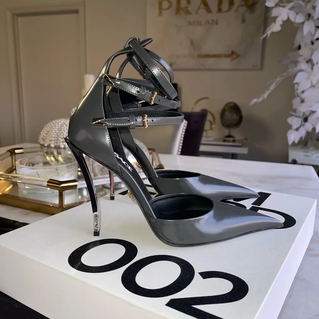 Versace Pin-Point Gray Leather Pumps Mixed Metal Stiletto Heels Buckle Straps - Image 7