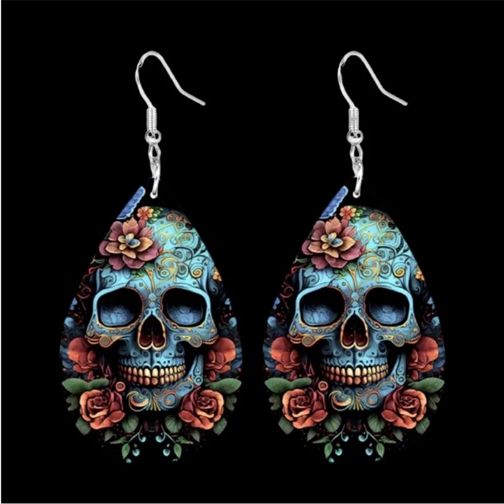 Gorgeous Blue Skull with Flower Print Teardrop Dangle Earrings Gothic Faux Leath - Image 6