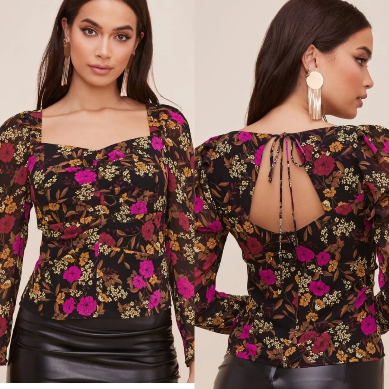 ASTR‎ The Label Floral Blouse XL Brown Pink Long Sleeve Open Back Top Boho Chic Black - Image 2