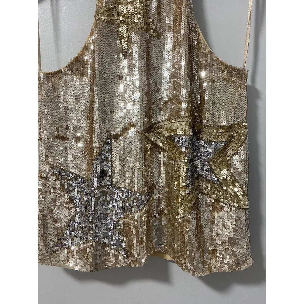 Parker Vika Sequin Tank Top in Blush Stars Gold Tan XS NYE Sparkle Party EUC - Image 4