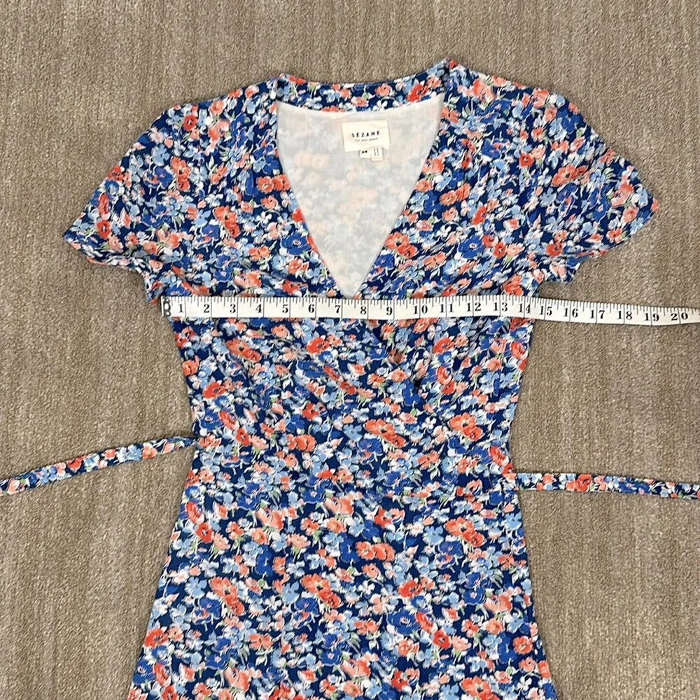 Sezane Anastasia Blue Poppy Floral Wrap Dress Lined Summer Mini Dress 34 US 2 XS - Image 9