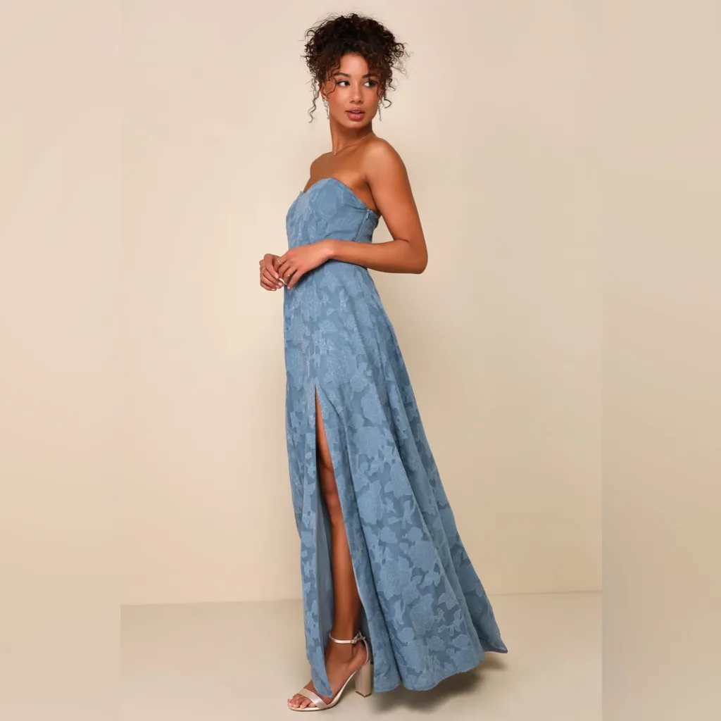LULU’S Garden Of Romance Dusty Blue Floral Burnout Strapless Maxi Dress - Image 4