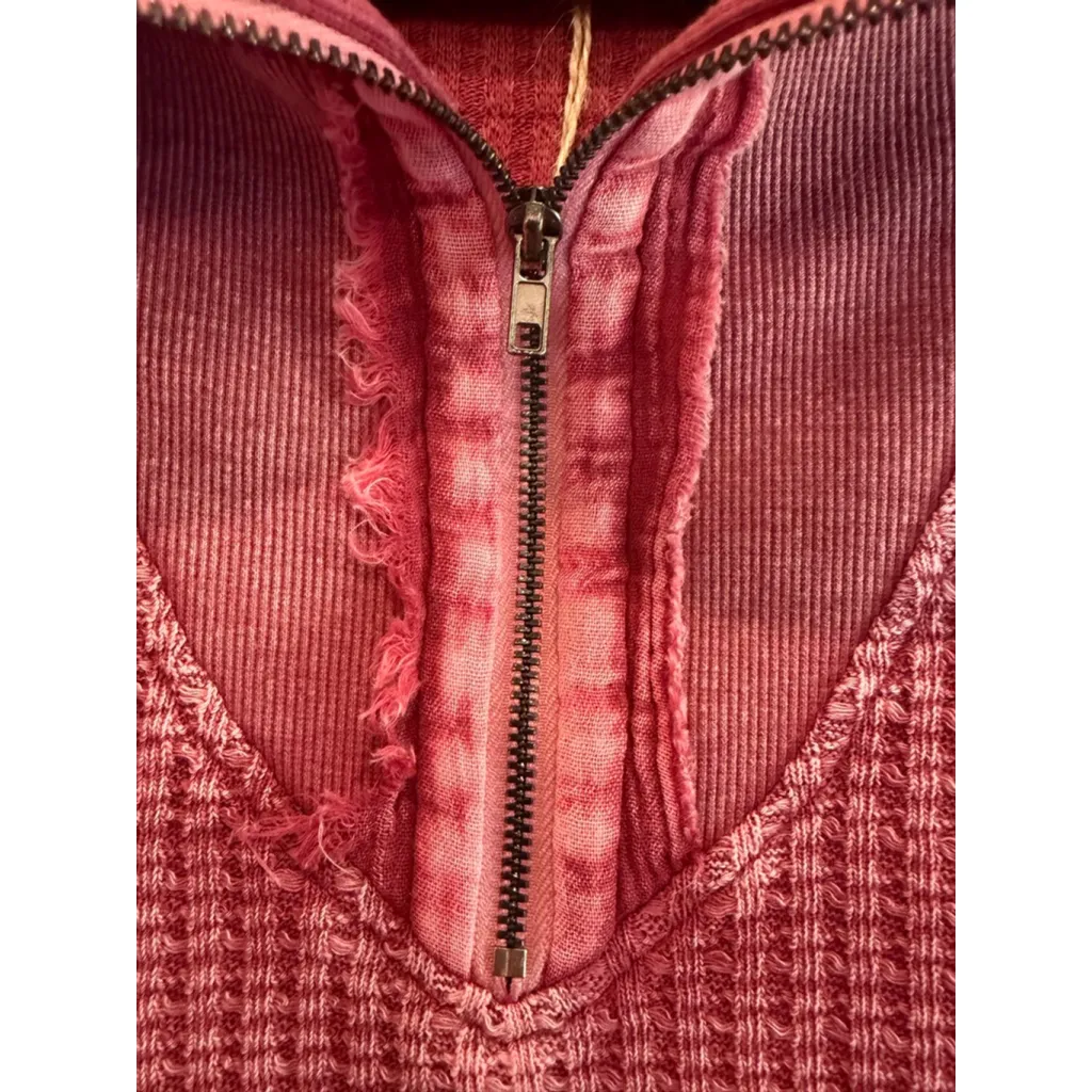 Easel Women's Thermal Waffle Knit Zip-Up Washed Long Sleeve Top Mulberry Size S - Image 7