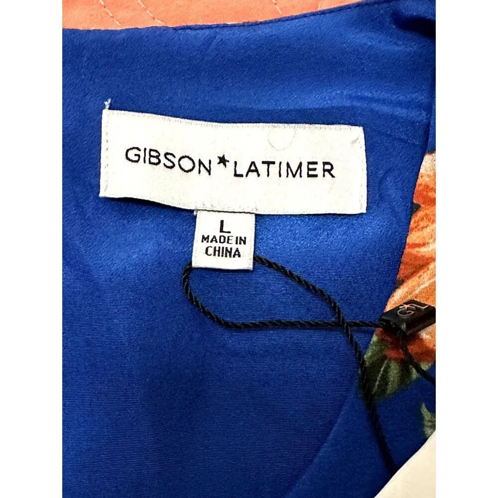 GIBSON LATIMER Women’s Shift Dress Size L  Blue Orange Floral Smocked Cuff Lined - Image 5