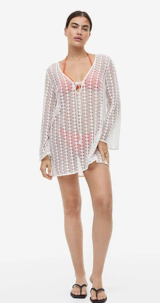 H&M White Crochet Knit Deep V Tie Long Sleeve Beach Cover Up Mini Dress Size M - Image 2