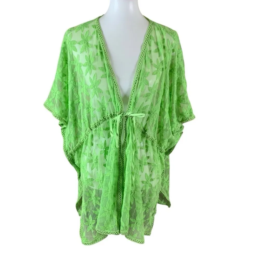 Urban Outfitters Green Floral Mesh‎ Sheer Kimono Cover Up Festival Beachy - Image 2