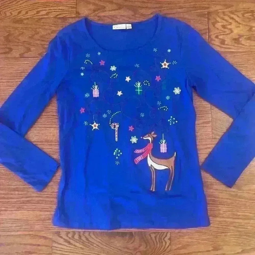 Christmas Winter Holiday Long Sleeve Tee embroidered sequins beading size Small - Image 2