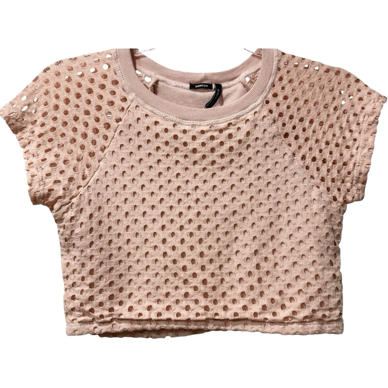 Monrow x REVOLVE EXCLUSIVE  Crochet Fishnet Crop Top Pale‎ Peachy Pink XS - Image 2